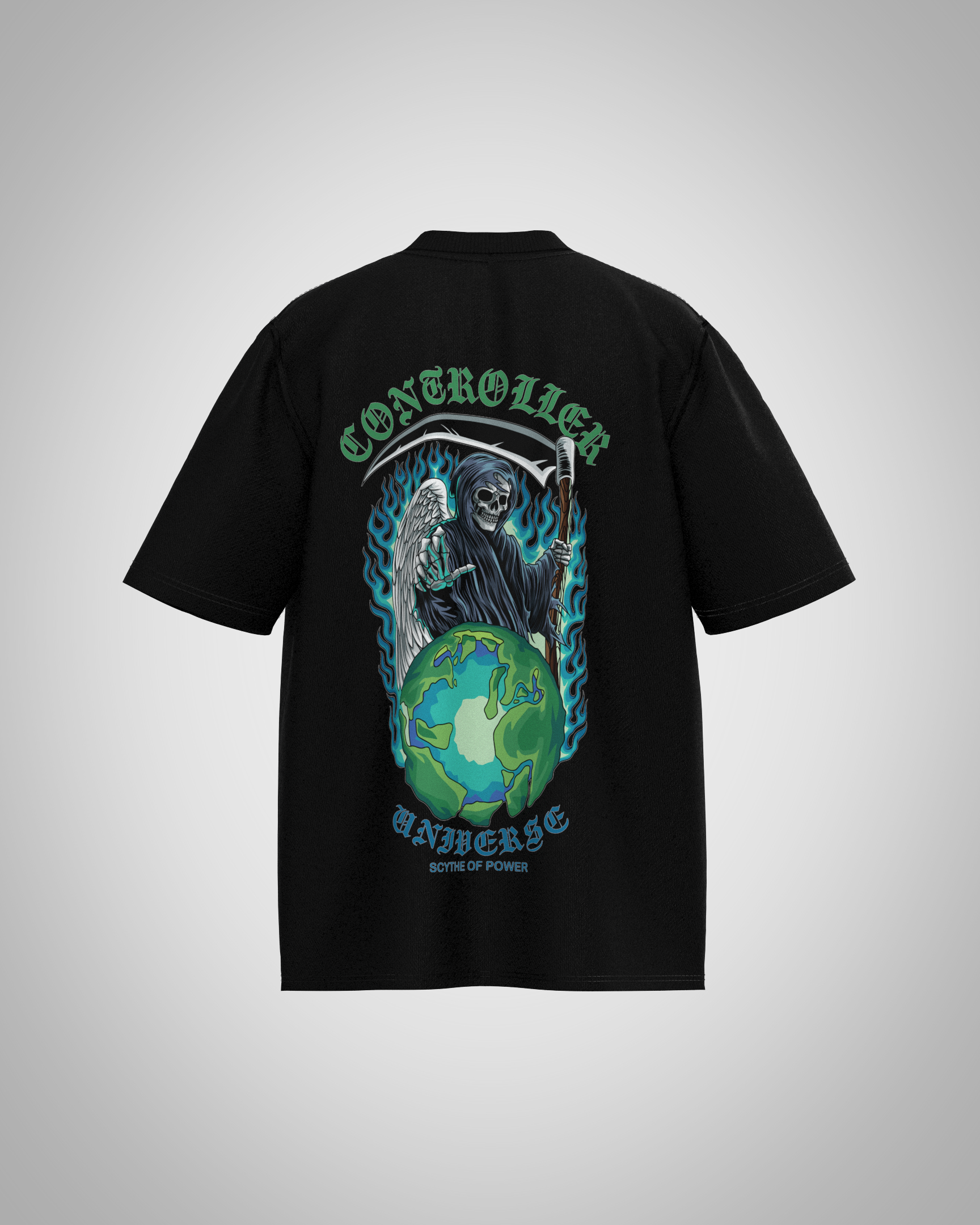 “Controller of the Universe” Grim Reaper Graphic T-Shirt – Dark Cosmic Edition