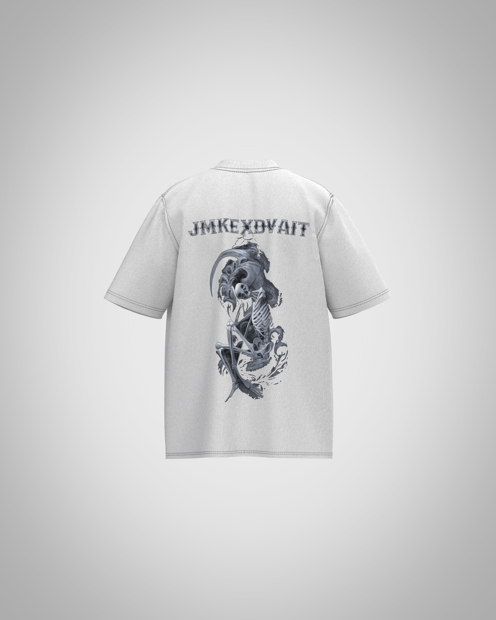 “JMKEXBVAIT” Skeleton Graphic T-Shirt – Abstract Dark Art Edition